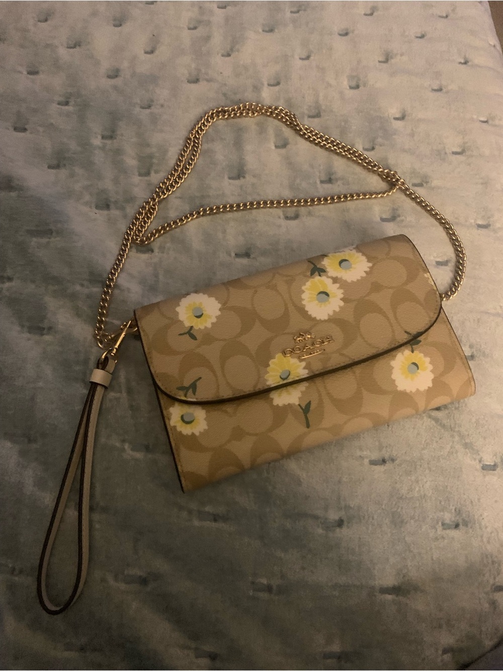 Coach Tan Signature Floral Crossbody Wallet with Gold Chain Strap